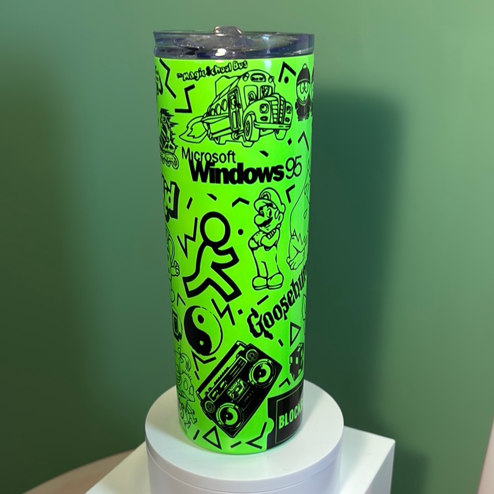 90s Theme Neon Green 20 oz Tumbler with Lid & Straw - Retro Gift NEW